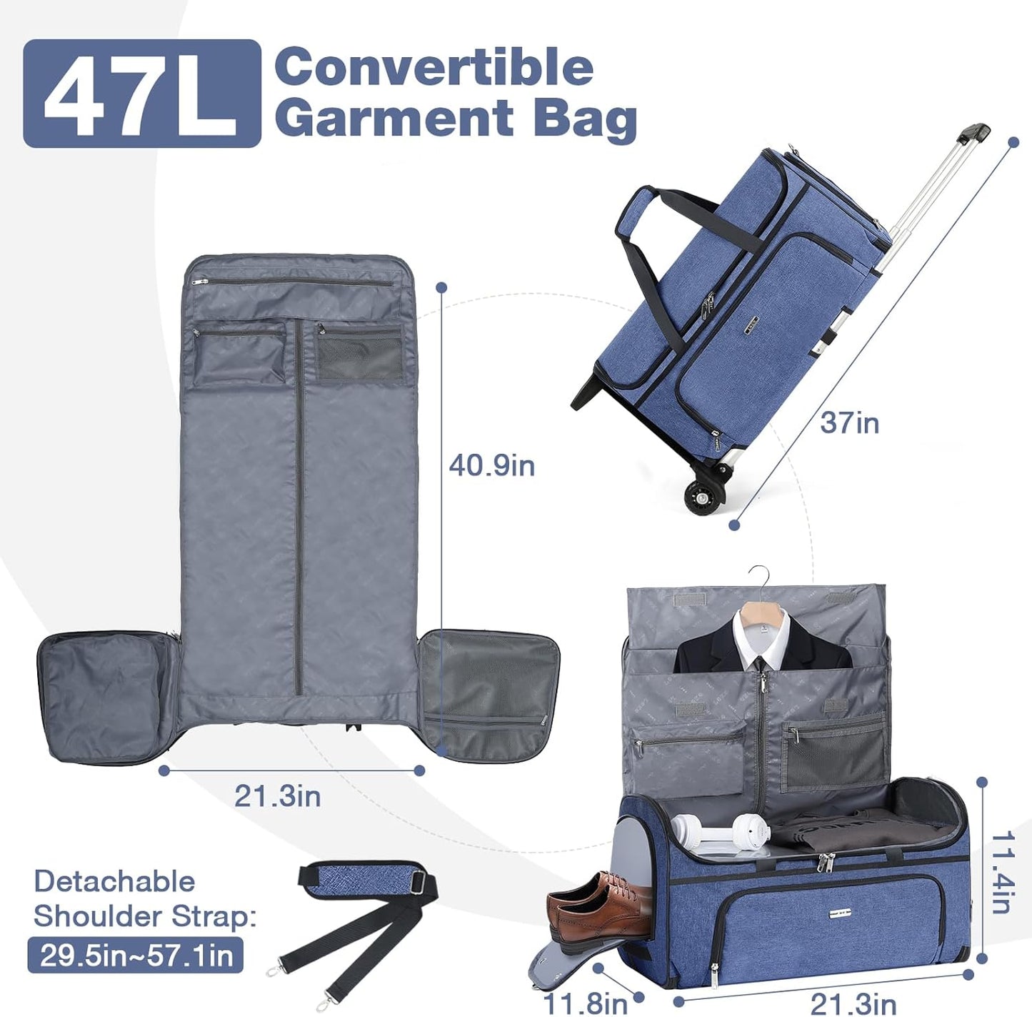 Garment Bags with Wheels, Garment Convertible Weekender Bags, Large Garment Bags for Travel, Duffle Luggage Bag Garment Bag (Blue, Medium)