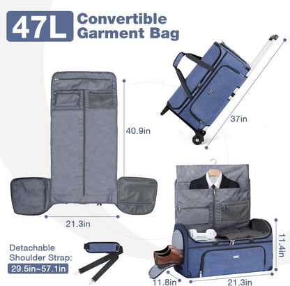 Garment Bags with Wheels, Garment Convertible Weekender Bags, Large Garment Bags for Travel, Duffle Luggage Bag Garment Bag (Blue, Medium)