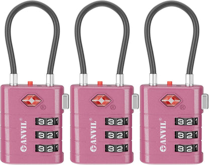 ANVIL TSA Approved Luggage Locks – High Security TSA008 Combination Travel Locks with Inspection Indicator for Suitcases and Backpacks. (3, Rose Purple)