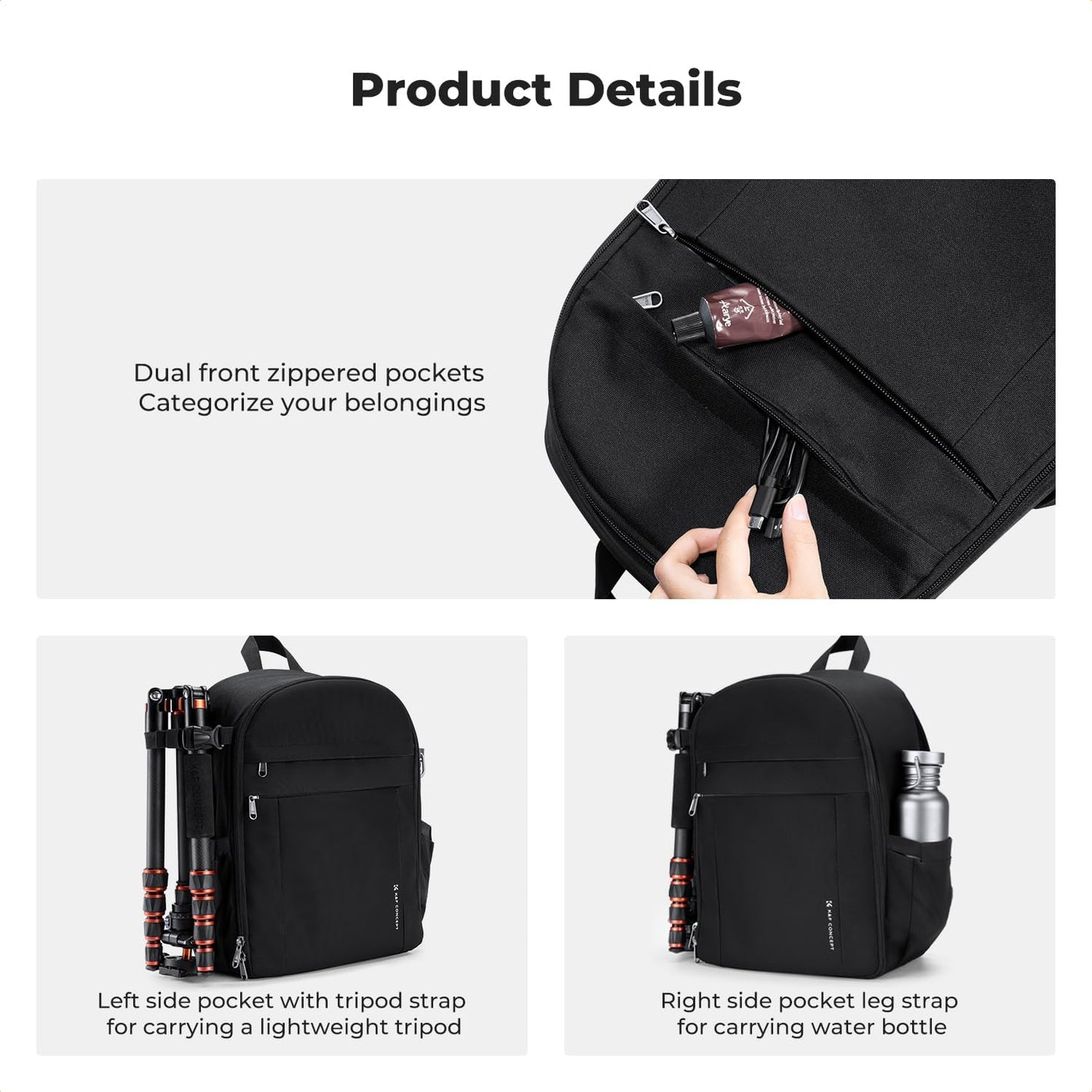 K&F CONCEPT Lightweight Camera Backpack Bag, Professional Photography Bag Compatible with Canon/Nikon/Sony Camera and Lens Accessories, Camera Case with Tripod Strap & Rain Cover