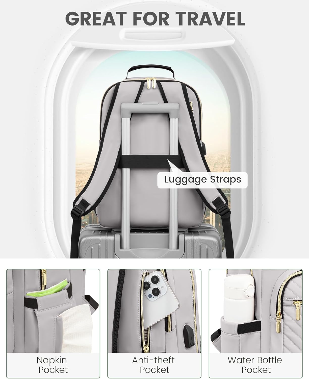 LOVEVOOK Laptop Backpack Purse for Women, Work Travel Computer Bags, College School Backpack for Student Girl, Quilted Casual Daypack with USB Port, Fit 15.6 Inch Laptop, Grey