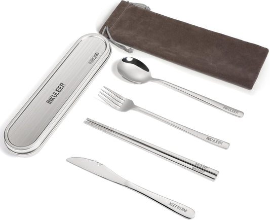 Travel Cutlery Set - 18/8 Stainless Steel Reusable Utensils with Metal Case, Portable Silverware for Camping, Office, Travel & Outdoor Dining