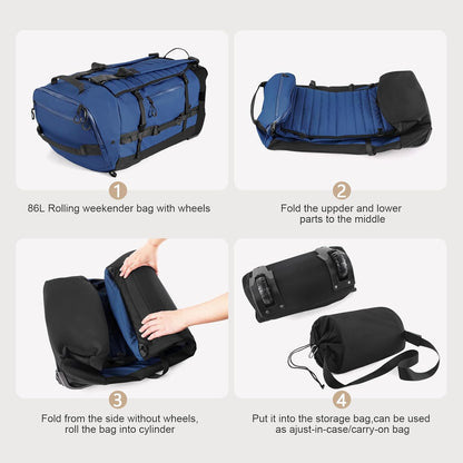 CONTAIL 86L Foldable Wheeled Duffel Backpack with Padded Quilted Bottom,Waterproof Travel Duffle Bag with Extended Handles,Navy