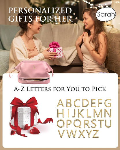 Monogrammed Gift for Women Girls, Initial Makeup Bag, Personalized Double Layer Cosmetic Bag with Makeup Brush Organizer, Large Capacity PU Leather Travel Toiletry Bag, Sister Gifts