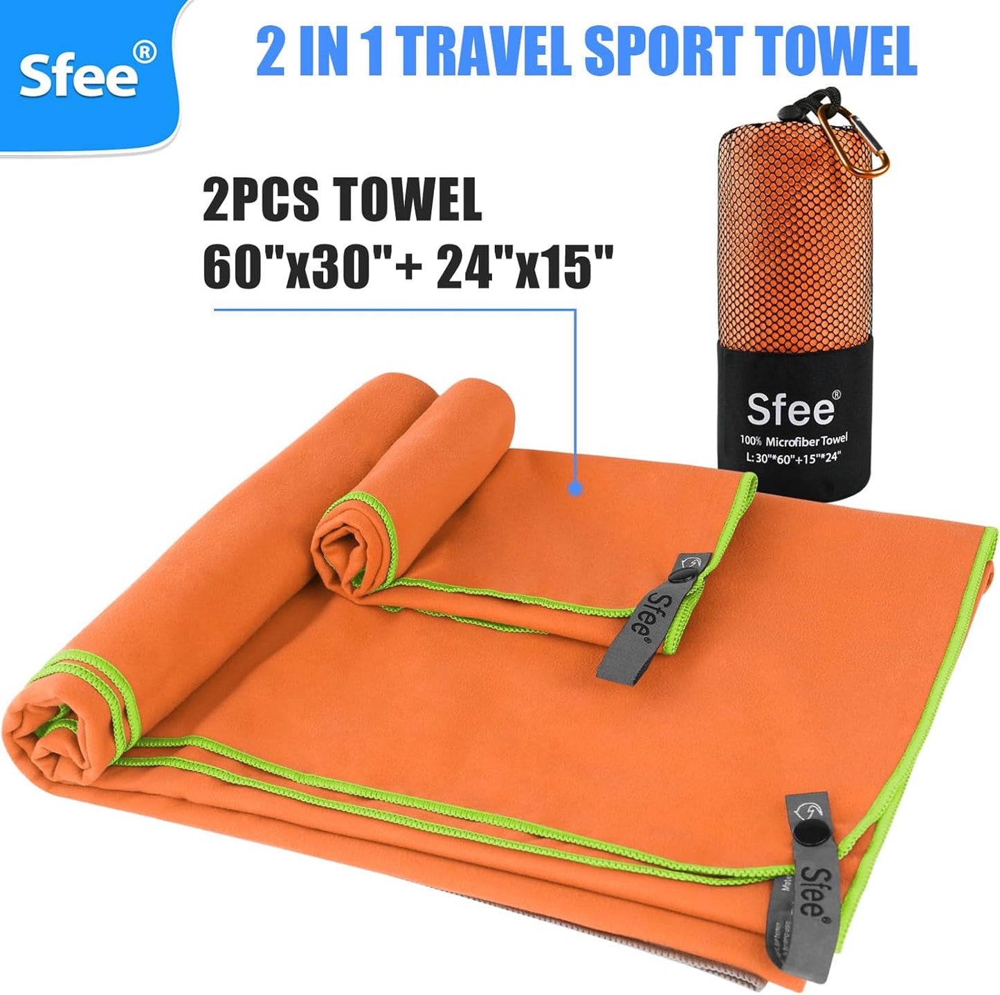 Sfee 2 Pack Microfiber Travel Towel, Quick Dry Camping Towel Large Beach Towel Super Absorbent Compact Lightweight Sports Gym Towels for Beach, Gym, Hiking, Pool, Backpacking, Bath, Yoga