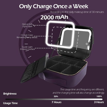 MOMIRA Travel Makeup Bag Cosmetic Bag with Lighted Mirror, Adjustable Brightness in 3 Color Scenarios, Waterproof, 10x Magnifying Mirror, Rotatable Independent Light Mirror- Deep purple (Solid)