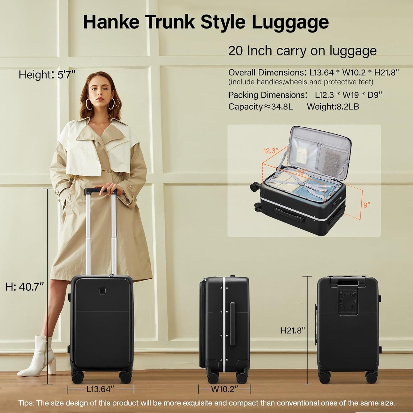 Hanke 20 Inch Carry On Luggage with Cup Holder and Charge,Top Opening Hard Shell Suitcases with Wheels and Dividers,Aluminum Frame Trunk Luggage Small Suitcase with Lock for Travel,Jet Black