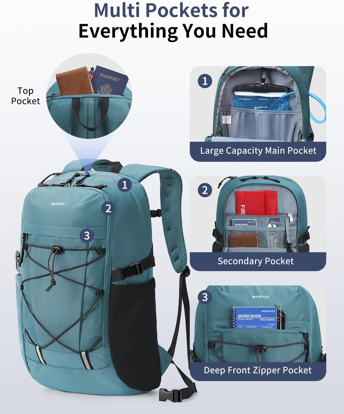 ECOHUB Hiking Backpack 30L Travel Backpack Lightweight Casual Daypack Water Resistant Camping Bag Outdoor Sports Back pack for Men Women