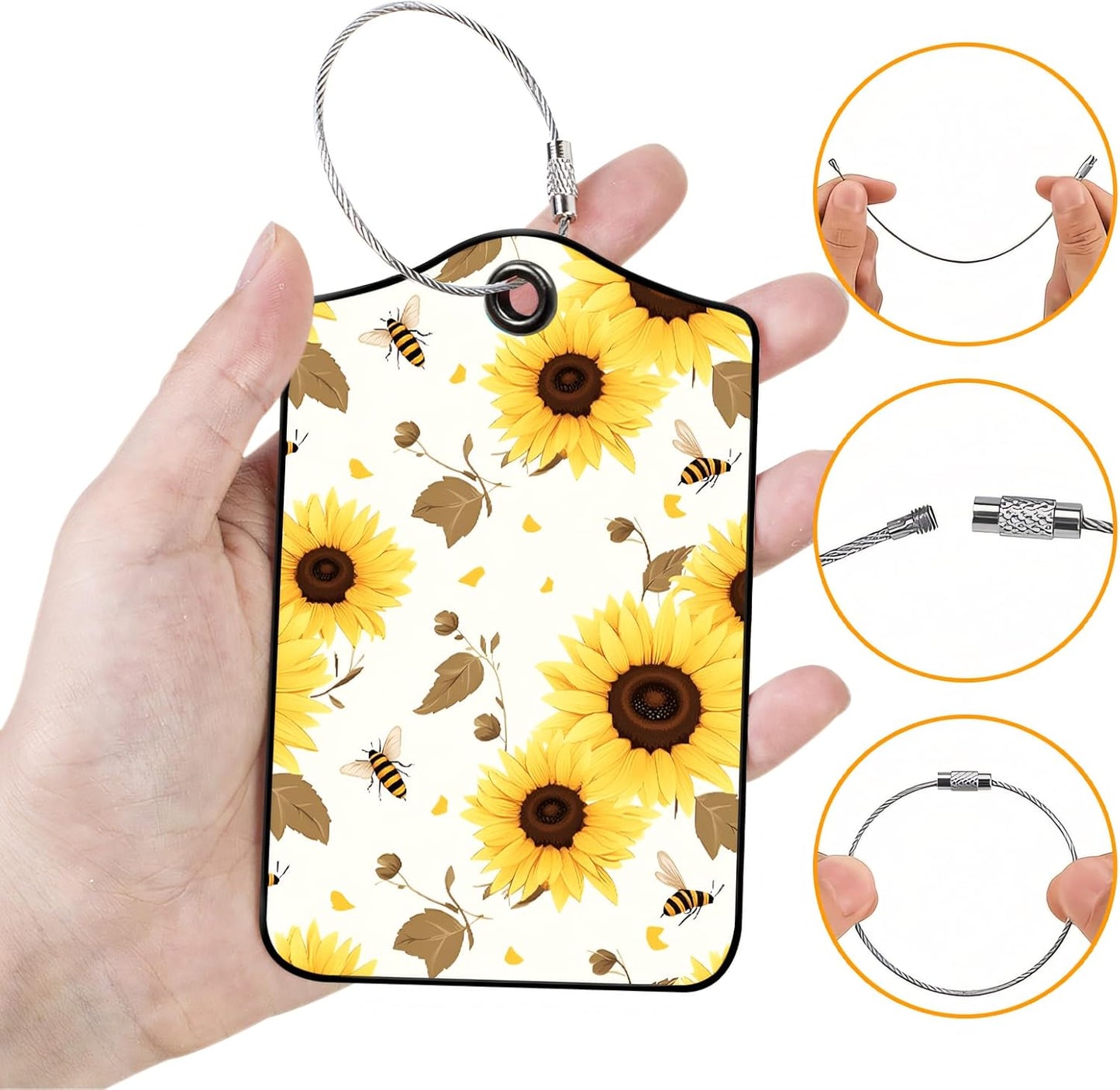 Luggage Tags for Suitcases, 2-Pack PU Leather for Cruise & Travel, Baggage ID Tags with Privacy Cover & Address Card, Durable Metal Ring, Kids Adults Travel Accessories, Sunflower Buzz