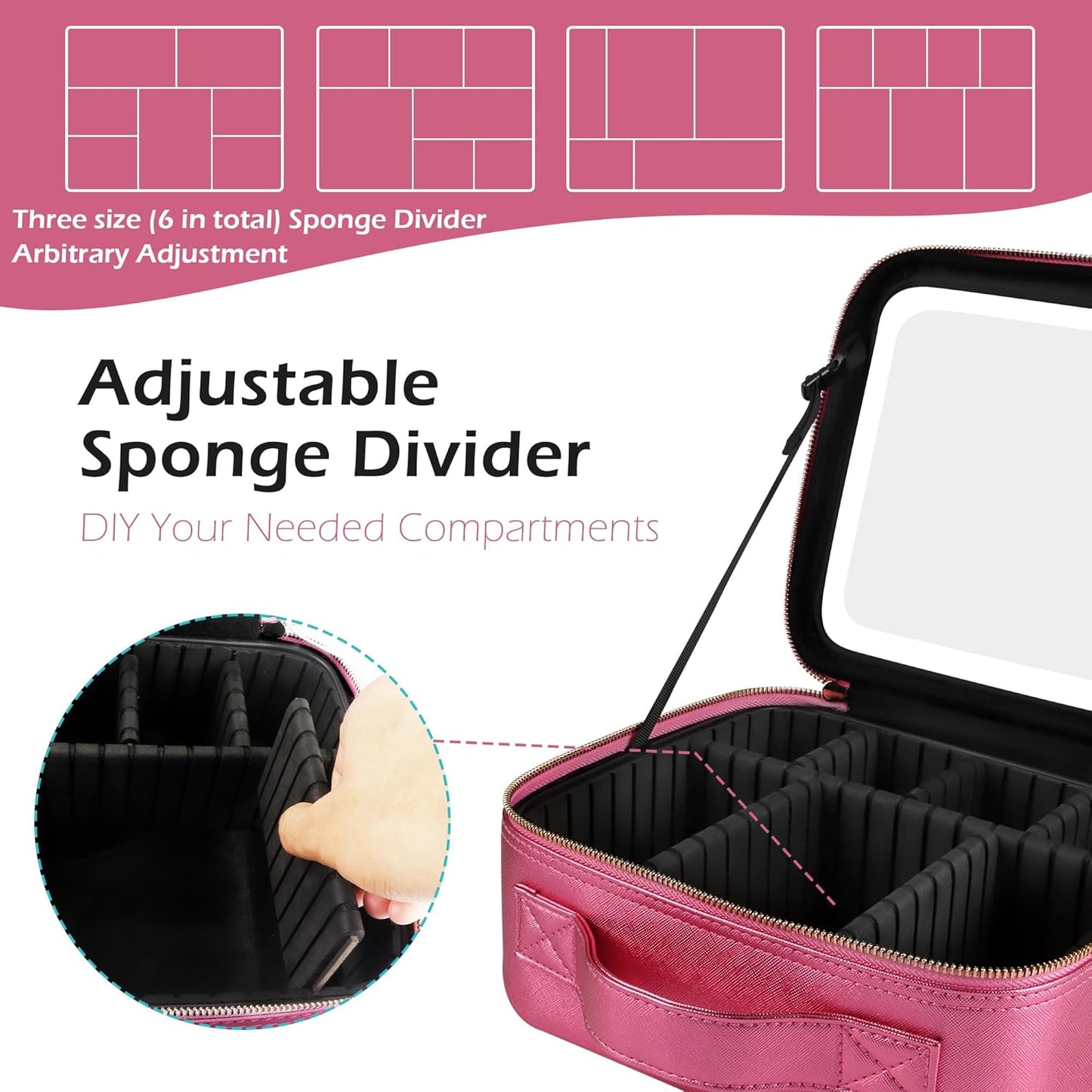 MOMIRA Travel Makeup Bag Cosmetic Bag Makeup Organizer Bag with Lighted Mirror, Adjustable Brightness in 3 Color Scenarios, Waterproof Makeup Train Case, Gift for Women - Brilliant Rose