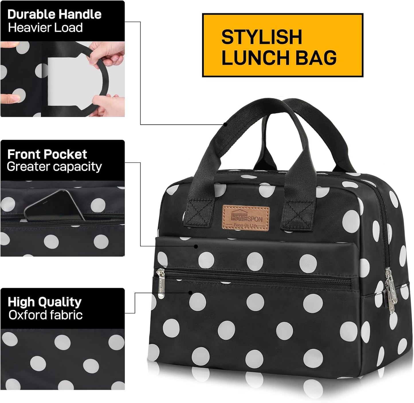 HOMESPON Insulated Lunch Bag for Women Men Lunch Box Cooler Lunch Tote for Work Picnic (Polka Dots)