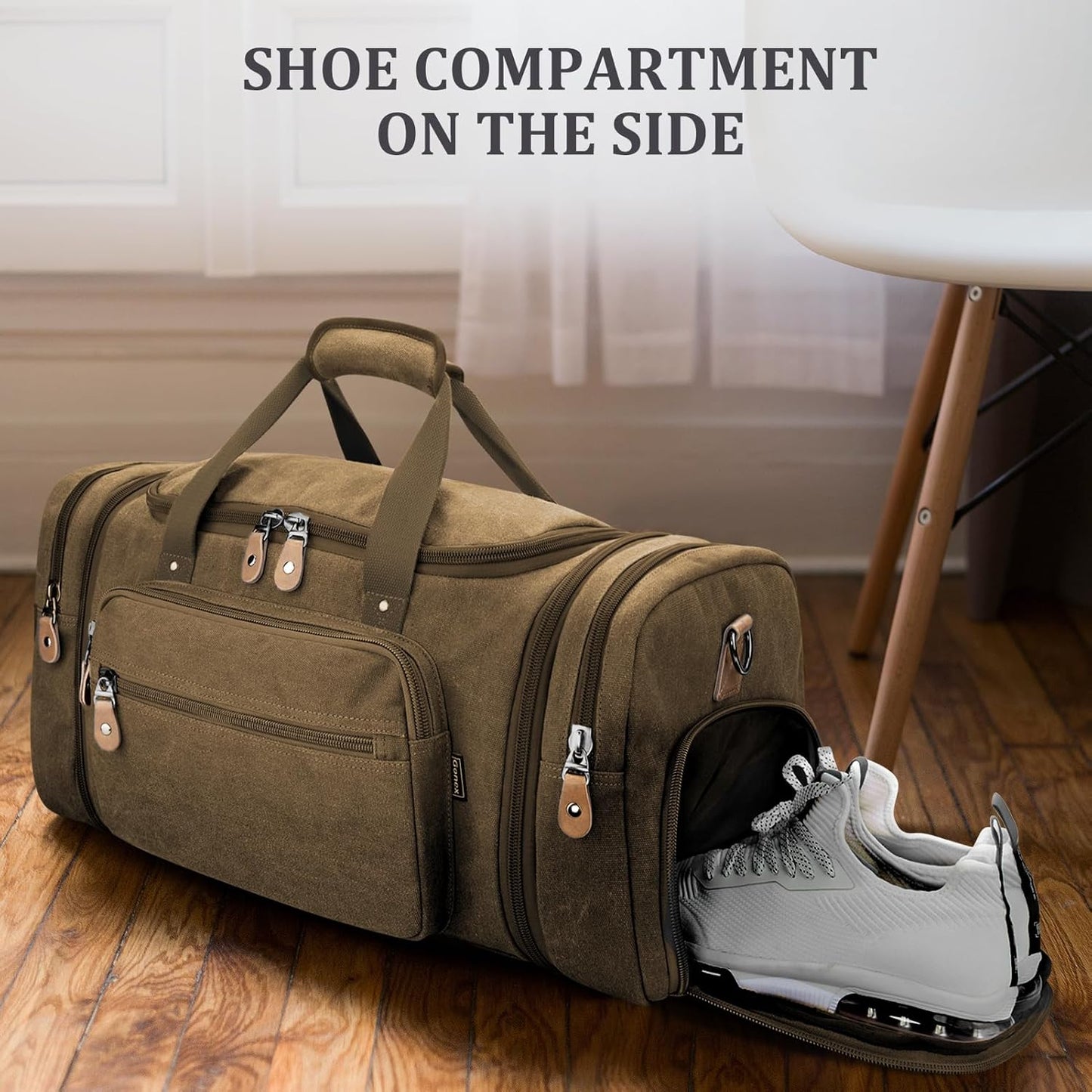 Gonex Canvas Duffle Bag 60L Travel Duffel Overnight Weekend Bag with Shoe Compartment (Coffee)