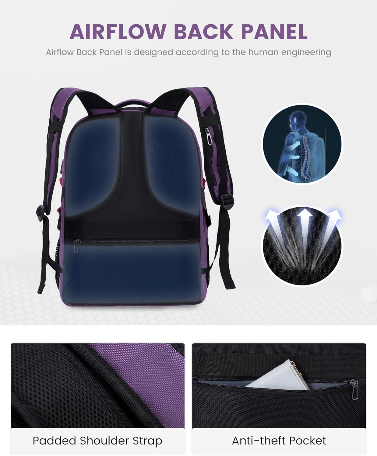 LOVEVOOK Travel Laptop Backpack Waterproof Anti Theft Backpack with Lock and USB Charging Port Large Computer Business Backpack for Women College Backpack (17 inch,Purple & White
