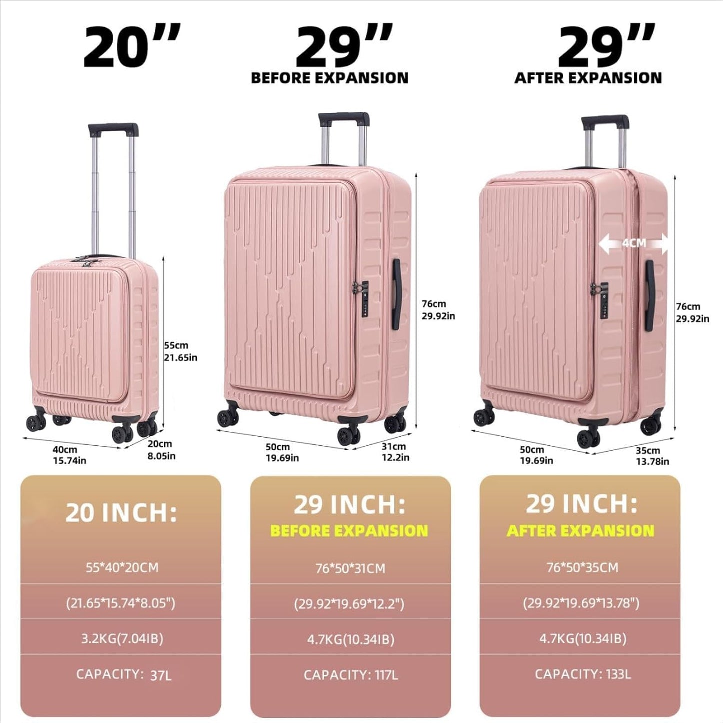 2 Pieces 20/29 Luggage Sets, 20 Inch Cabin Luggage with Front Pocket & 29 Inch Side Opening Suitcase, Ligthweight ABS+PC Hardshell, Pink