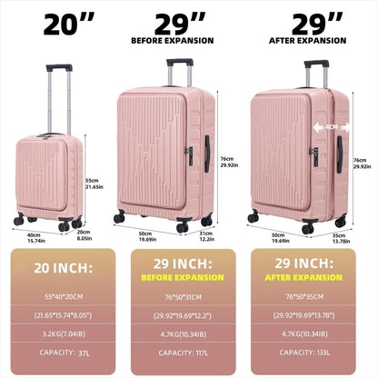2 Pieces 20/29 Luggage Sets, 20 Inch Cabin Luggage with Front Pocket & 29 Inch Side Opening Suitcase, Ligthweight ABS+PC Hardshell, Pink