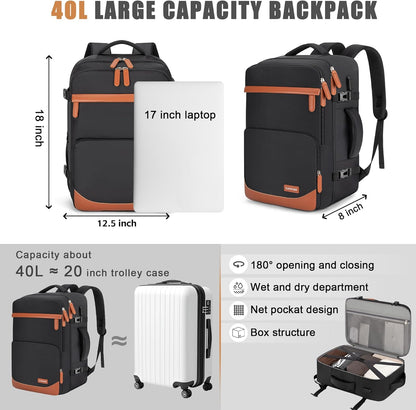 40L Travel Backpack with USB Charging Port, Water-Resistant Carry On Backpack for Men Women, Business Laptop Backpack for Trips & Commutes, Fits 15.6/17.3 Inch Laptop