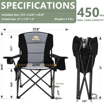 Oversized Camping Chairs 2 Pack - 450lbs Support Heavy Duty Folding Camp Chair Wide Portable Outside Collapsible Chairs with Carry Bag,Cooler,Cup Holder for Outdoor,Lawn,Sports,Baseball,Soccer-Black