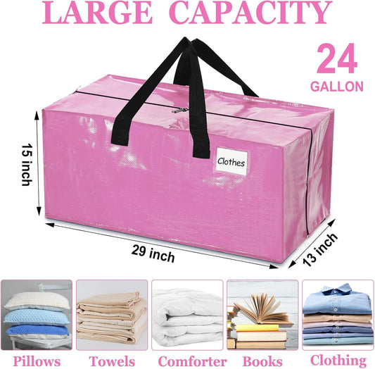 4 Pcs 24 Gallon Large Moving Bags with Zipper and Handles Foldable Storage Duffle Bags Heavy Duty Extra Large Totes for College Dorm Travel Clothes Blankets Bedding Moving (Pink)
