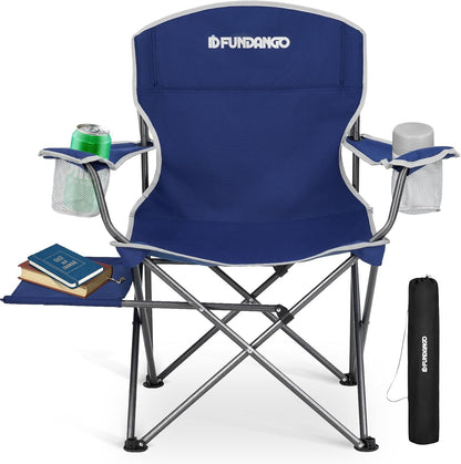 FUNDANGO Folding Camping Chair with Table, Portable Heavy Duty Outdoor Padded Chairs for Adults with Cup Holders for Lawn Beach Picnic Outside Travel (Blue)