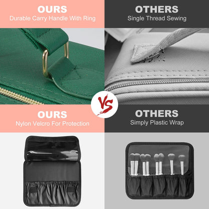 Mocado Travel Makeup Bag with LED Lighted Mirror,Travel Makeup Organizer,Makeup Case with 3 Color Lighted Setting and 10x Magnifying Mirror,Portable Storage and Adjustable Dividers Makeup Box(Green)