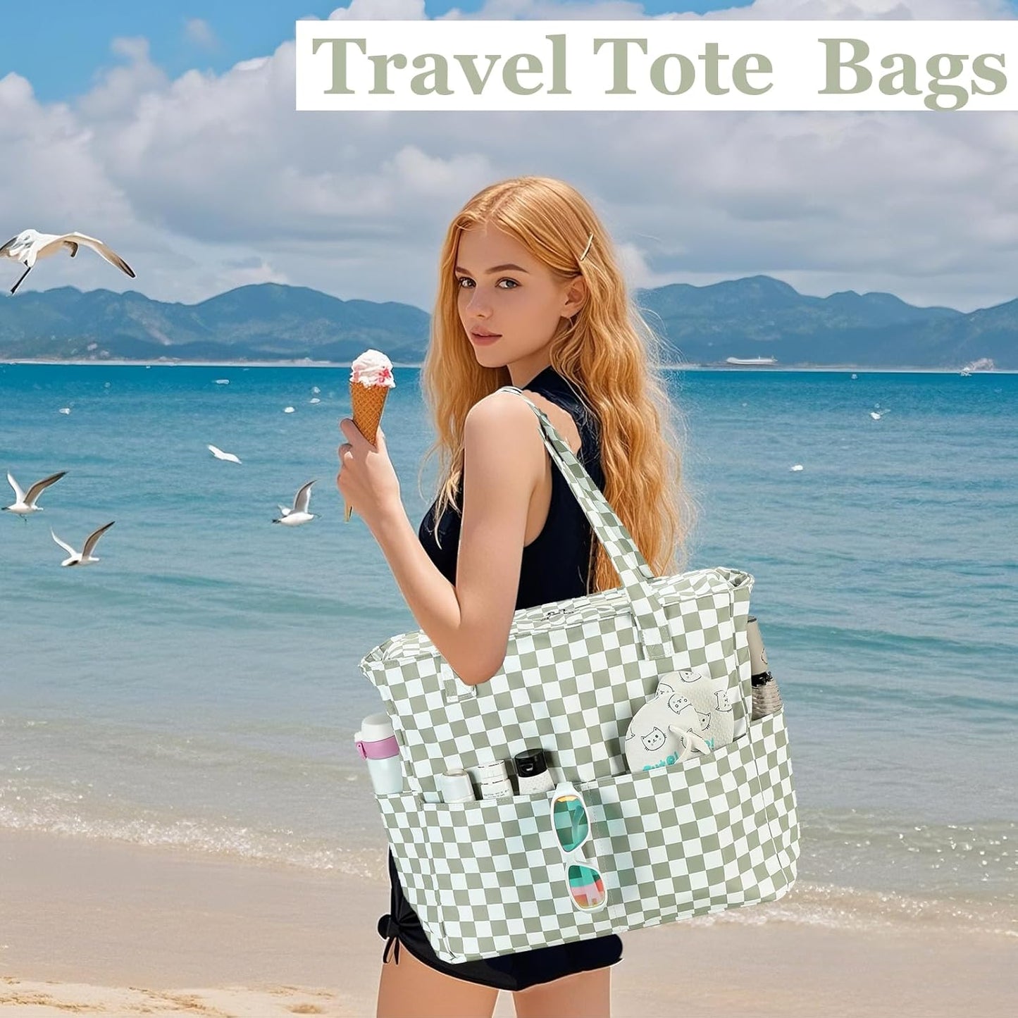 LEDAOU Large Beach Tote Bag Women Waterproof Sandproof Zipper Beach Tote Bag for Pool Gym Grocery Travel with Wet Pocket