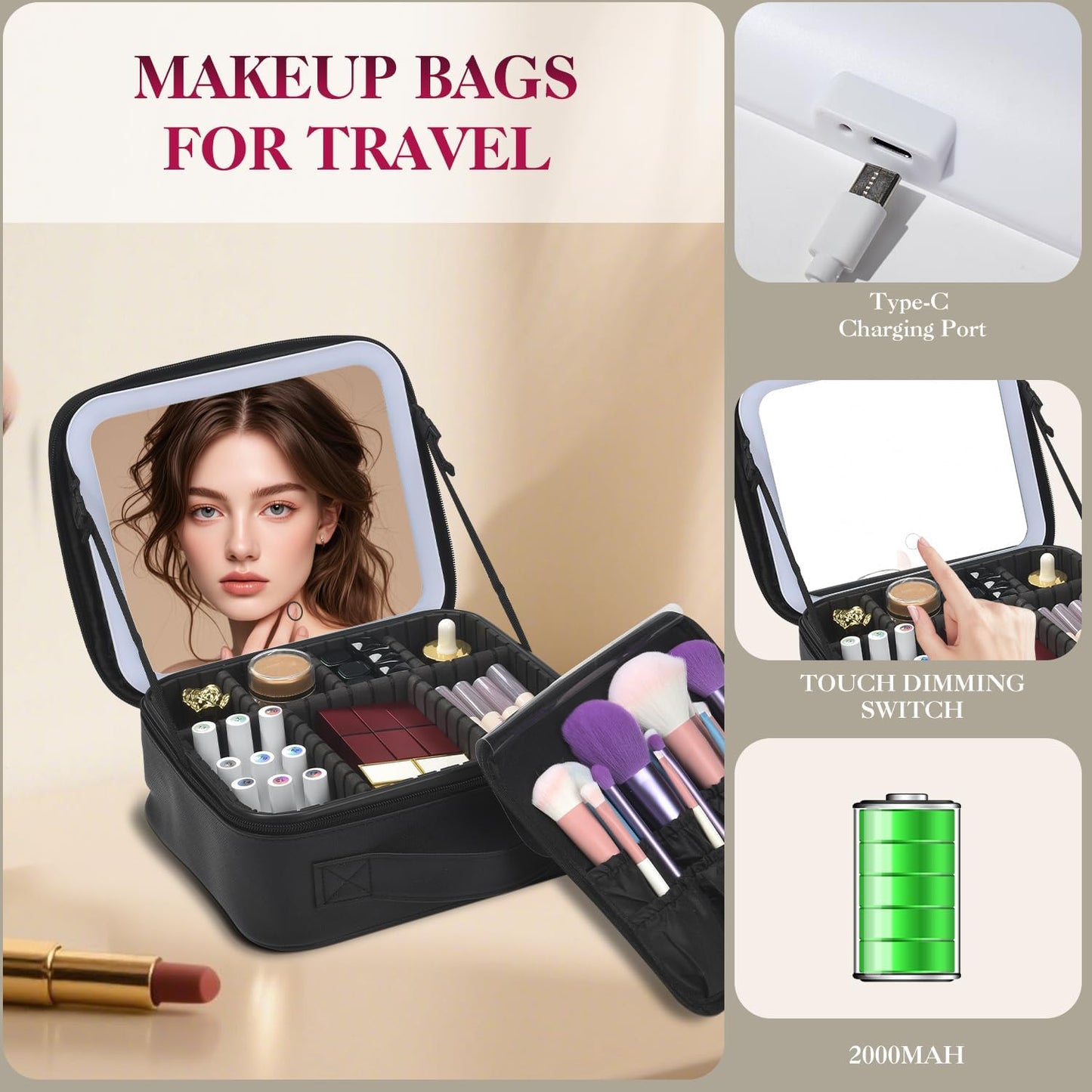 Travel Makeup Bag With LED Mirror,Cosmetic Train Case with 3 Color Setting,Cosmetic Makeup Organizer Bag with Adjustable Dividers,Portable Make up Box with Make up Brushes Holder Storage（Back）