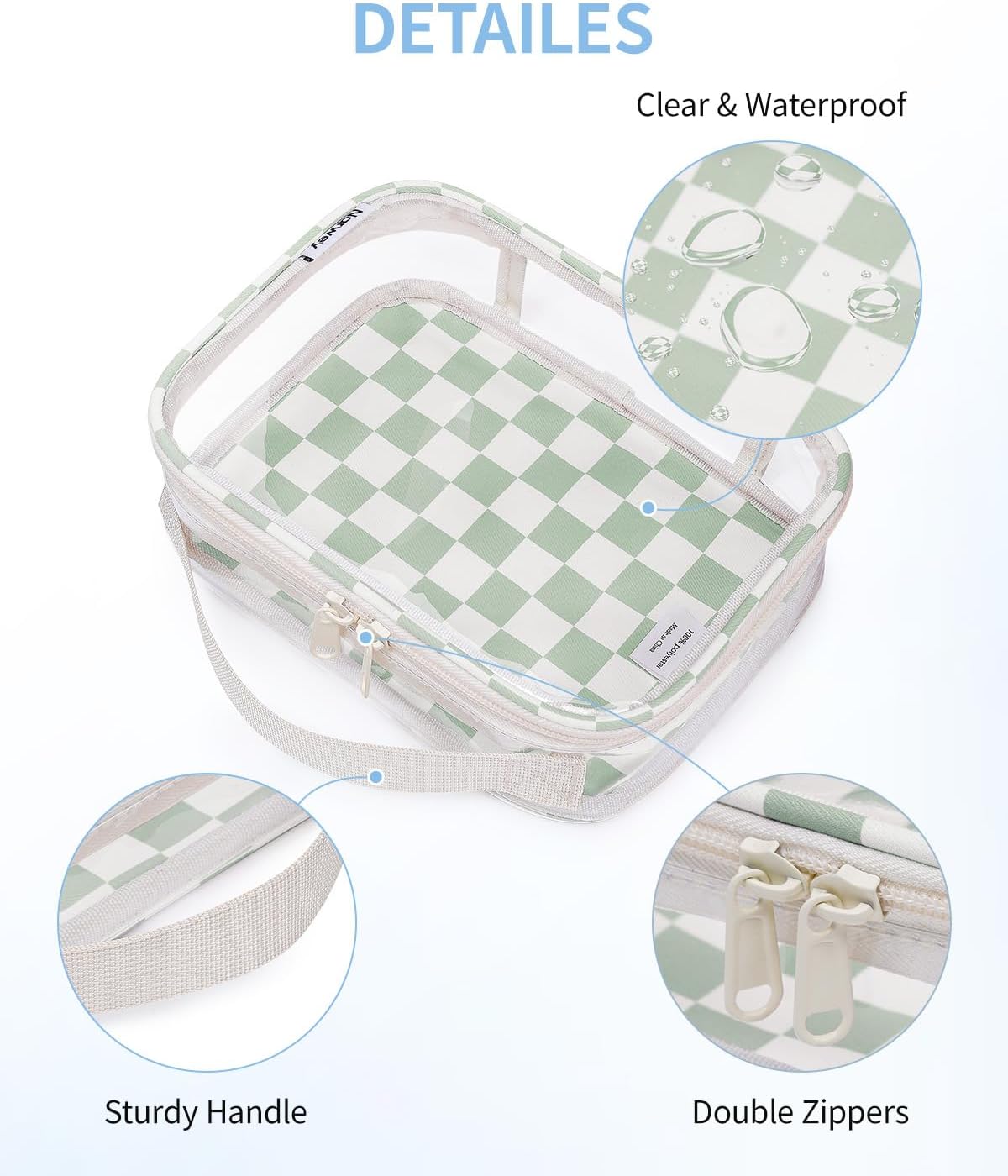 Narwey TSA Approved Clear Toiletry Bag for Travel, Waterproof PVC Clear Makeup Bags, Portable Compact Cosmetic Bag Make Up Organizer, Airport Airline Quart Size Compliant Bag (Mint Green Checkerboard)