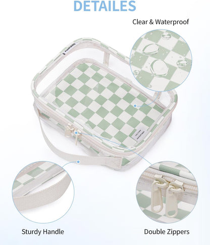 Narwey TSA Approved Clear Toiletry Bag for Travel, Waterproof PVC Clear Makeup Bags, Portable Compact Cosmetic Bag Make Up Organizer, Airport Airline Quart Size Compliant Bag (Mint Green Checkerboard)