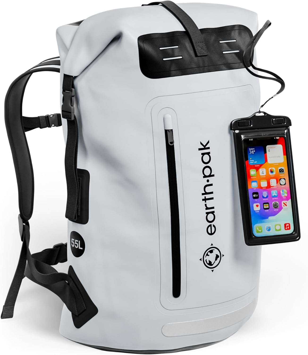 Earth Pak Waterproof Backpack - Heavy Duty Hiking Backpack - Roll-Top Closure Bag - Cushioned Dry Bag Waterproof Phone Case