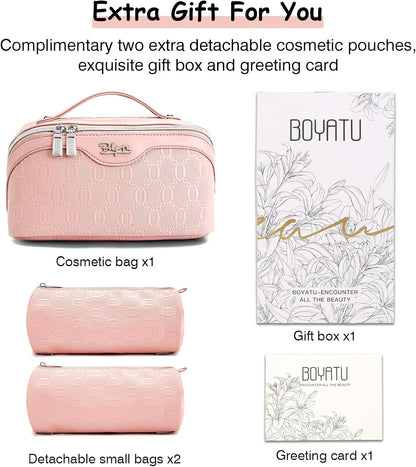 BOYATU Travel Makeup Bag for Women: Cosmetic Organizer Bag with Compartments - Leather Make up Bags Set of 3 (Pink)