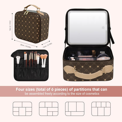 Travel Makeup Bag With 360° rotating LED Mirror,Waterproof cosmetic organizer,Portability Cosmetic case,Makeup organizer,Gift for Women,Girls Gift (Brown)