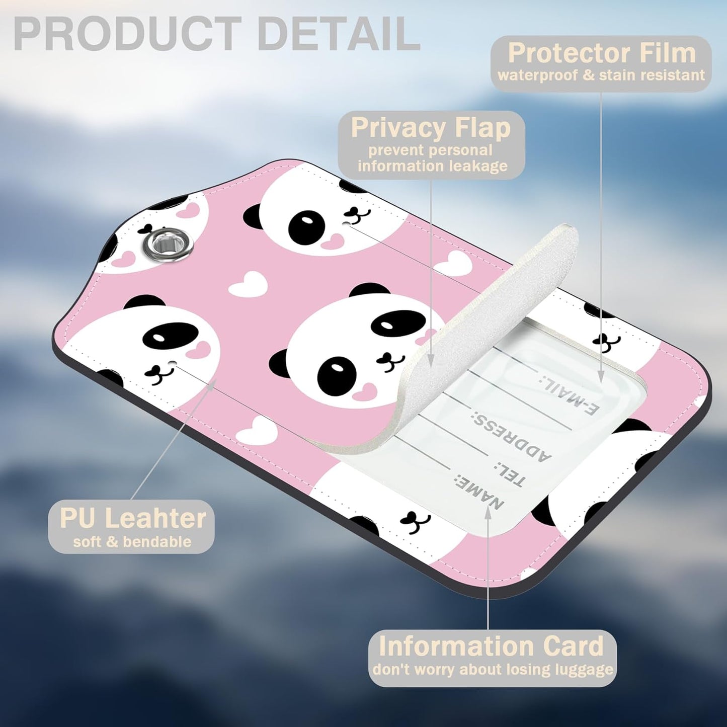 2 Pcs Cute Panda and Heart Luggage Tags for Suitcases PU Leather Baggage Tags Name ID Label with Privacy Cover and Stainless Steel Loop for Men Women Travel Bag Suitcase