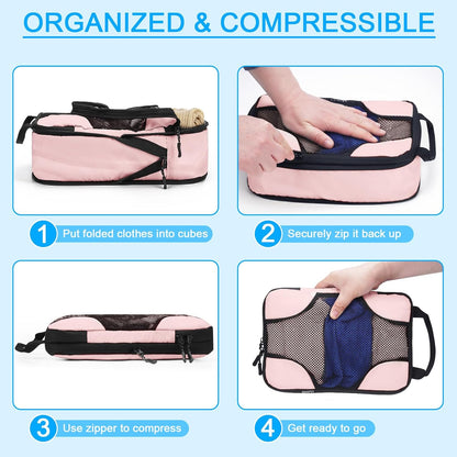 6 Set Compression Packing Cubes for Travel Women, Compression Bags Organizer for Packing Luggage Space Saving, Suitcase Organizer Set for Travel Essentials - Pink