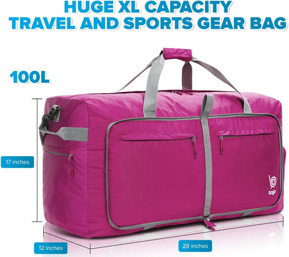 Bago Large Foldable Duffel Bags for Traveling Women & Men - 100L Packable Duffle Bag for Travel with Shoe Compartment - Water Repellant, Heavy Duty, Lightweight Folding & Collapsible (Pink)