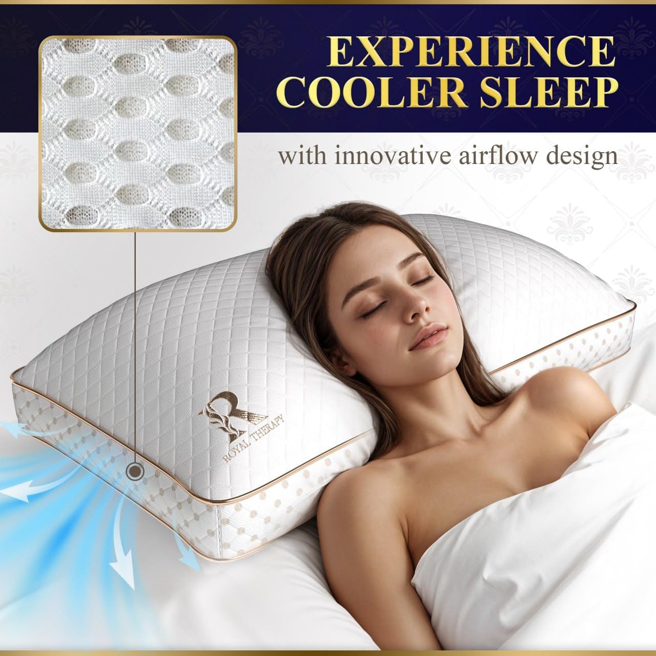 Royal Therapy Queen Memory Foam Pillow, Adjustable Shredded Odor-Free Pillow for Neck & Shoulder Pain Relief, Support for Back, Stomach, Side Sleepers, AirFlowPRO