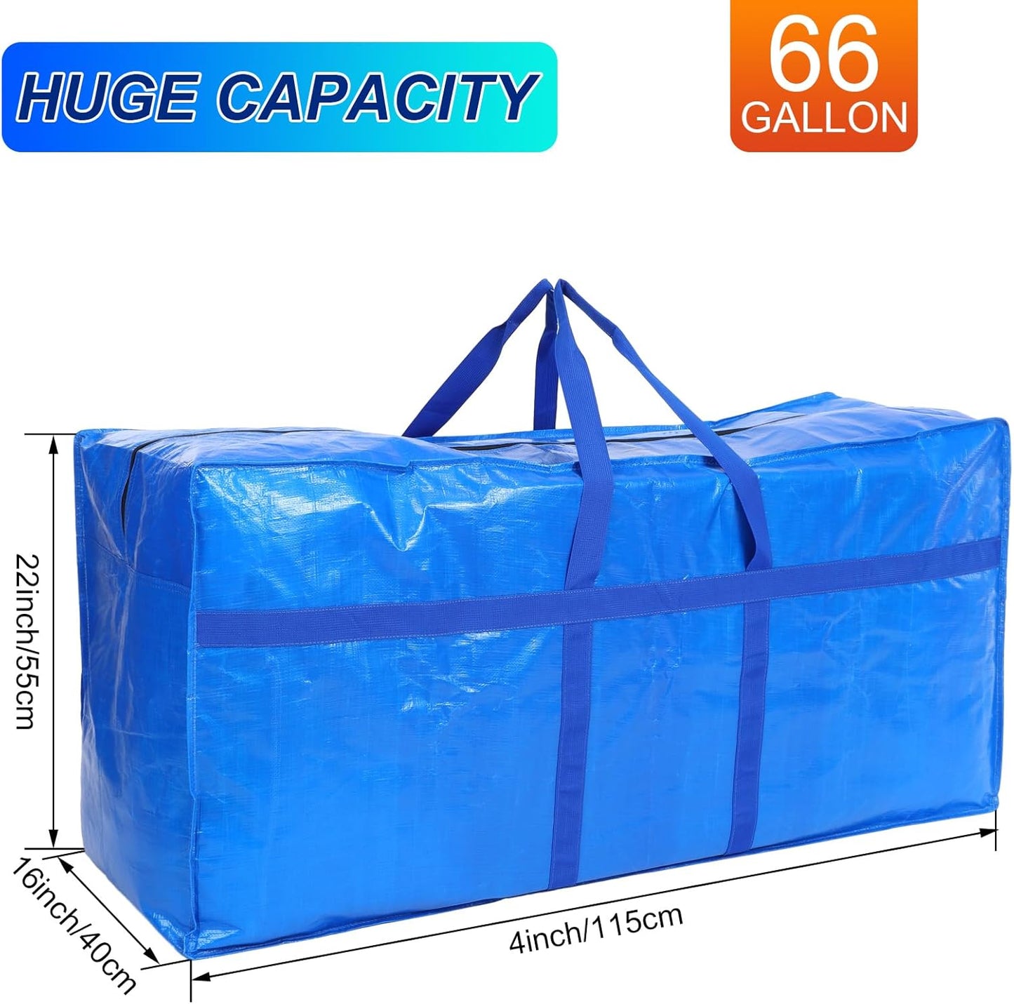 4 Pcs 66 Gallon Large Moving Bags with Zipper and Handles Foldable Storage Duffle Bags Heavy Duty Extra Large Totes for College Dorm Travel Clothes Blankets Bedding Moving (Blue)