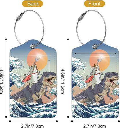 2Pack Luggage Tags for Suitcases, Cute Unique Pu Leather Cruise Luggage Tag with Privacy Cover ID Label Address Card and Metal Ring Suitable for Women Men Kids Travel Bag Dinosaurs and Cats