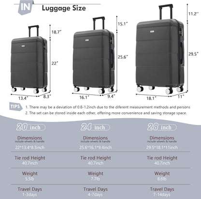 Merax Luggage Sets of 3 Piece Carry on Suitcase Airline Approved,Hardcase Suitcase Set with Double Spinner Wheels,Charcoal