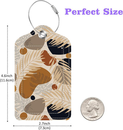 Boho Tropical Leaves Luggage Tags 2PCS PU Leather Suitcases Tag with Stainless Steel Loop and Privacy Name Address Cover Label Card for Women Men Travel