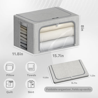 4 Pack Clothes Storage Bins with Metal Frame - Linen Fabric Foldable Stackable Container Organizer Set with Clear Window & Carry Handles & Zippers (Light Grey, 15.7"x11.8"x7.8")