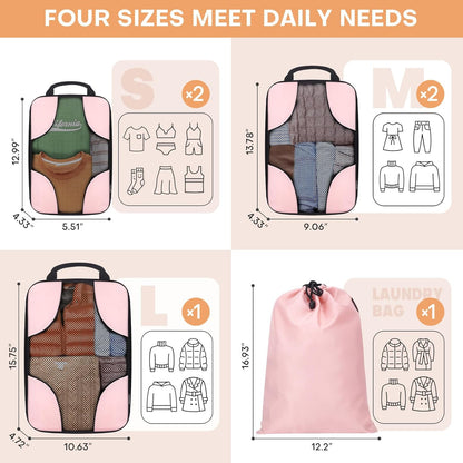 6 Set Compression Packing Cubes for Travel Women, Compression Bags Organizer for Packing Luggage Space Saving, Suitcase Organizer Set for Travel Essentials - Pink