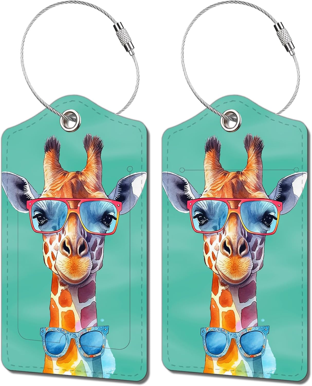 2 Pack Luggage Tag for Suitcase, Cute Unique Leather Bag Tags Identifiers Privacy Cover ID Label with Durable Steel Loop for Women Men Kids Girls Travel，GiraffeF