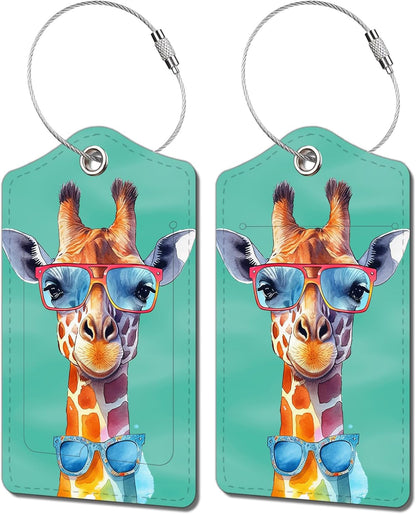 2 Pack Luggage Tag for Suitcase, Cute Unique Leather Bag Tags Identifiers Privacy Cover ID Label with Durable Steel Loop for Women Men Kids Girls Travel，GiraffeF