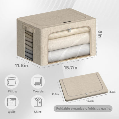 4 Pack Clothes Storage Bins with Metal Frame - Linen Fabric Foldable Stackable Container Organizer Set with Clear Window & Carry Handles & Zippers (Beige, 15.7"x11.8"x7.8")