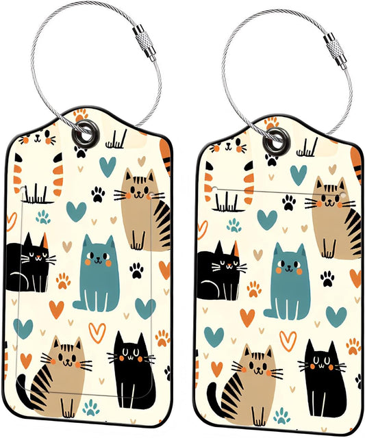 Luggage Tags for Suitcases, 2-Pack PU Leather for Cruise & Travel, Baggage ID Tags with Privacy Cover & Address Card, Durable Metal Ring, Kids Adults Travel Accessories, Kitty Love Pattern