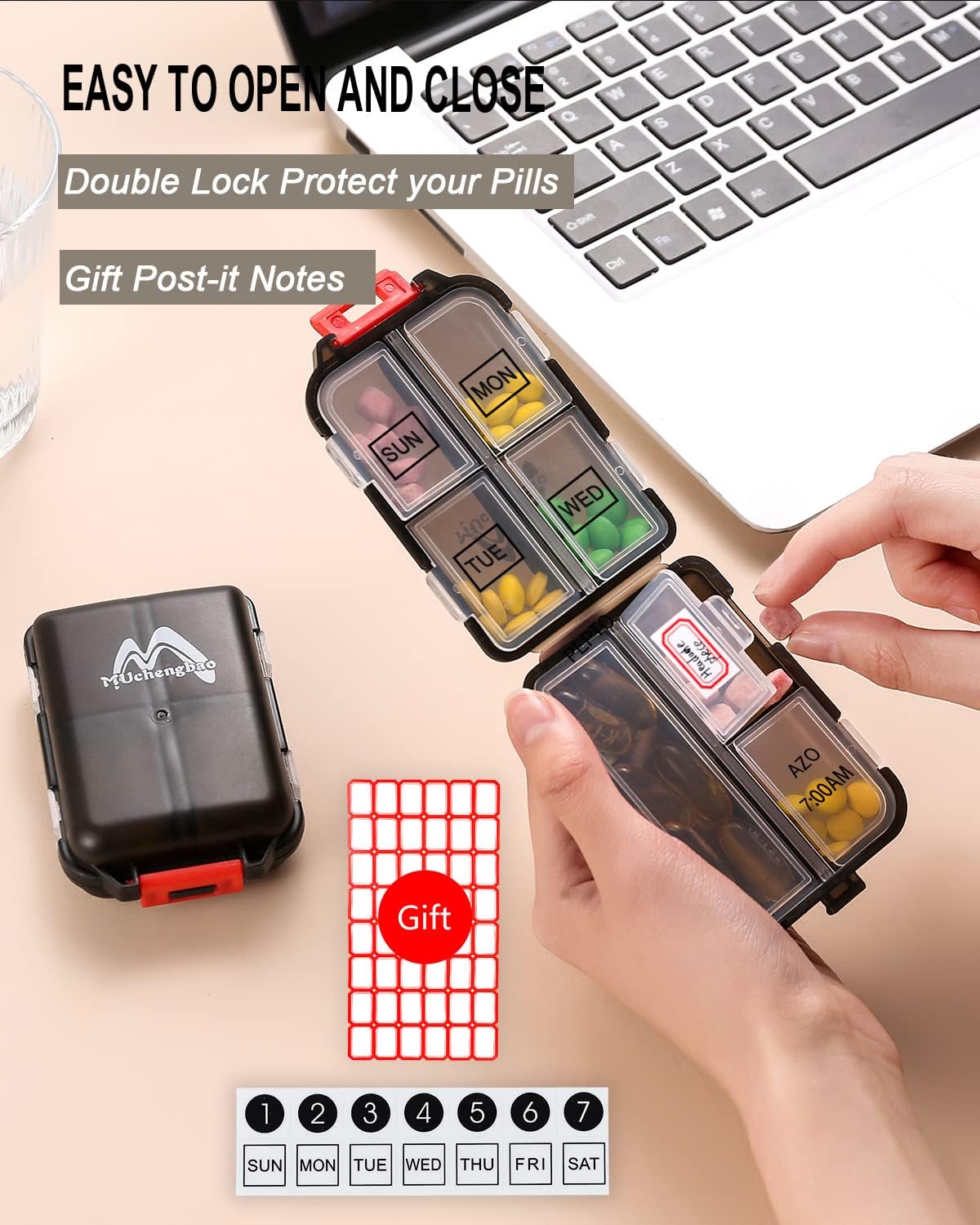 2PS Weekly Pill Organizer Small Folding Box 7 Day BPA-Free Daily Pill Container Foldable Travel Pill Case with Lock Pill Holder， Medicine Organizer for Purse Pocket to Store Vitamin Etc (Black)