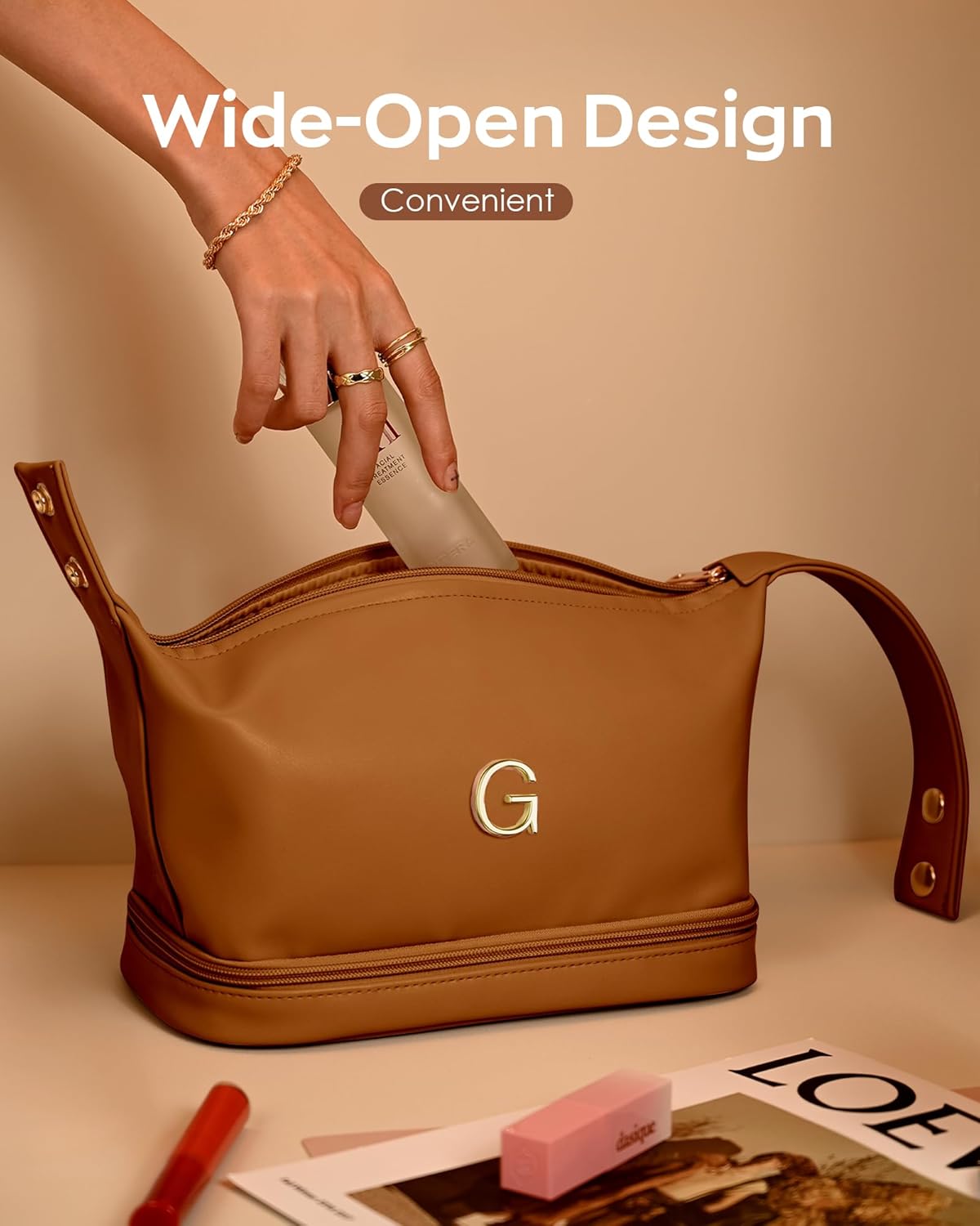 Personalized Gifts for Women Unique, Makeup Bag with Handle, Initial Double Layer Cosmetic Bag with Makeup Brush Organizer, Cute Cosmetic Pouch for Women, Gifts for Friends Female Mom