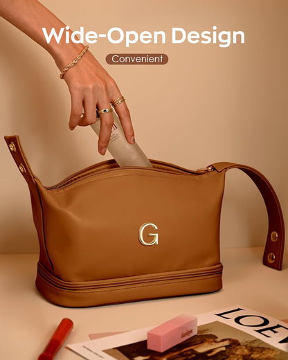 Women Birthday Gifts, Personalized Makeup Bag with Handle, Initial Double Layer Cosmetic Bag with Makeup Brush Organizer, Cute Cosmetic Pouch for Women, Gifts for Friends Female Mom