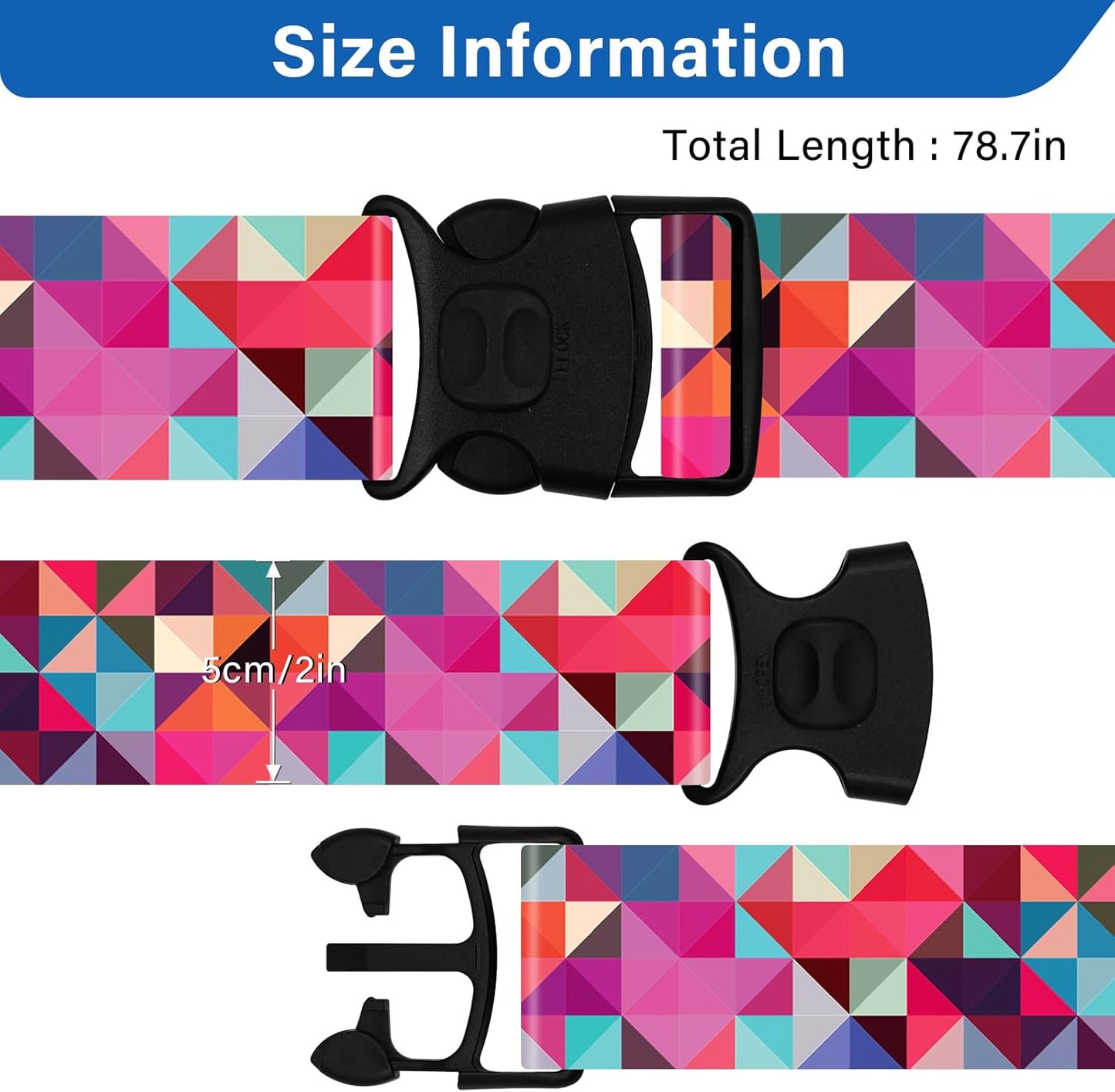 2 Pack Luggage Straps for Suitcases, Adjustable Travel Belt with Double Lock and Quick Release Buckle, Heavy Duty Nylon Bag Packing Strap, Bright Identifiers Business Travel Accessories-Colorful Block