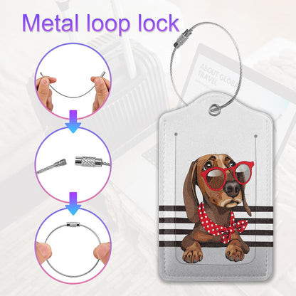 2 Pack Leather Luggage Tag for Suitcase Cool Dachshund Cute Animal Unique Travel Tags with Privacy Cover ID Label & Stainless Steel Loop for Men and Women Baggage